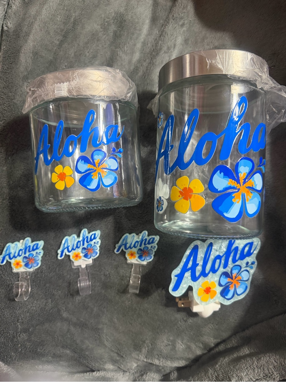 Aloha Glass Canisters, matching night light and wall hooks.